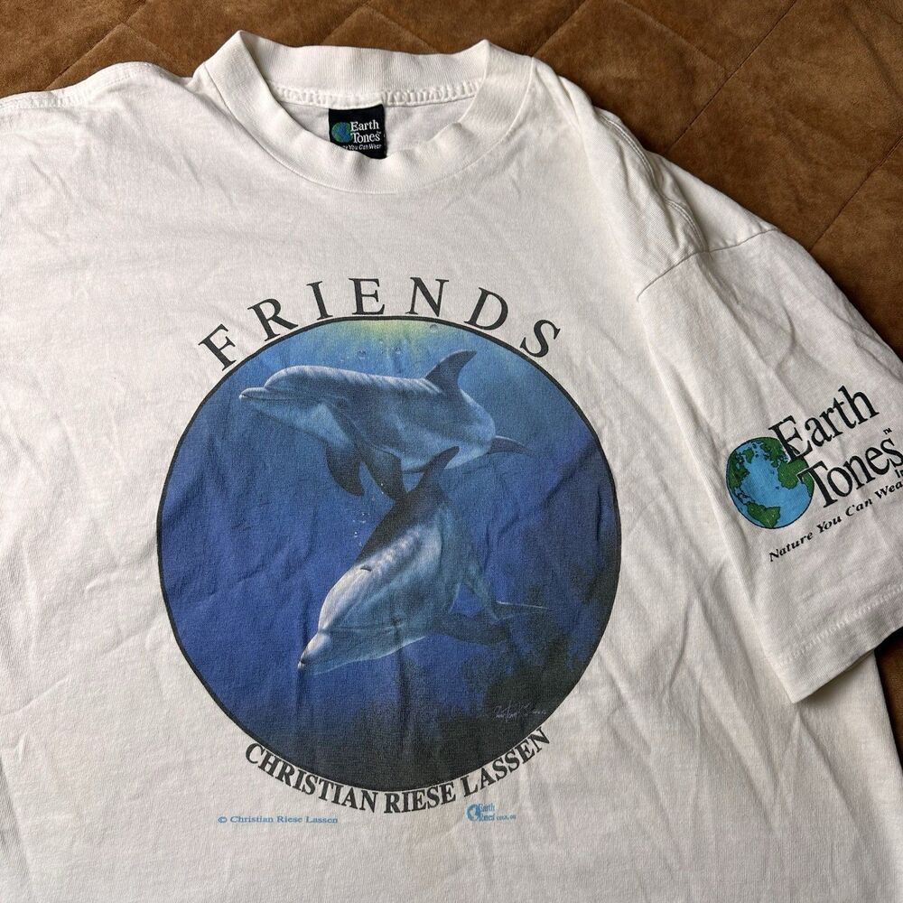 Vintage 90s Christian Riese Dolphin Shirt Mens Large White Single Stitch USA Art